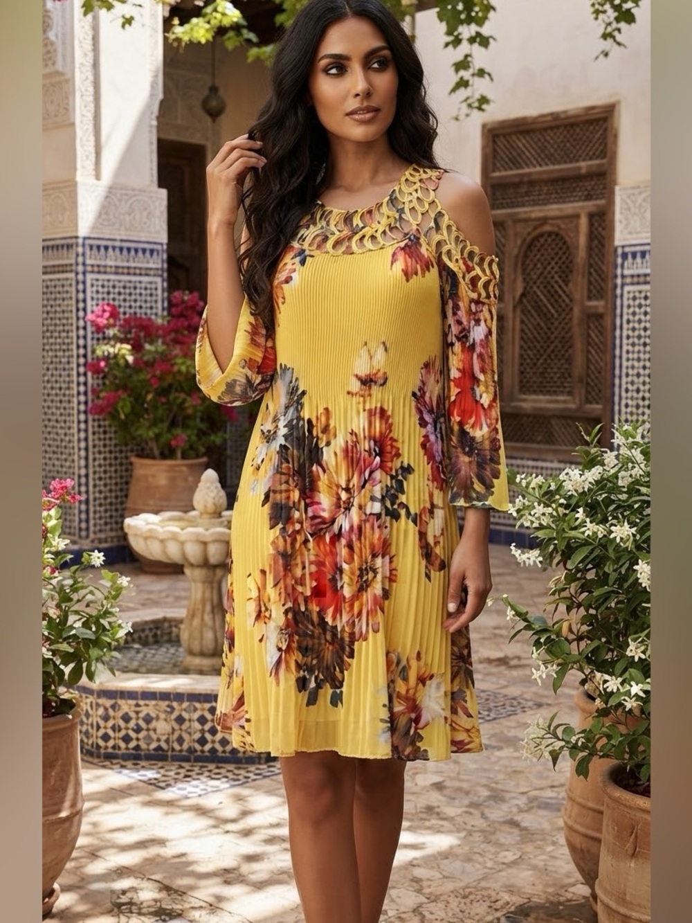 Spense Yellow Floral Cold-Shoulder Pleated Dress 6p
